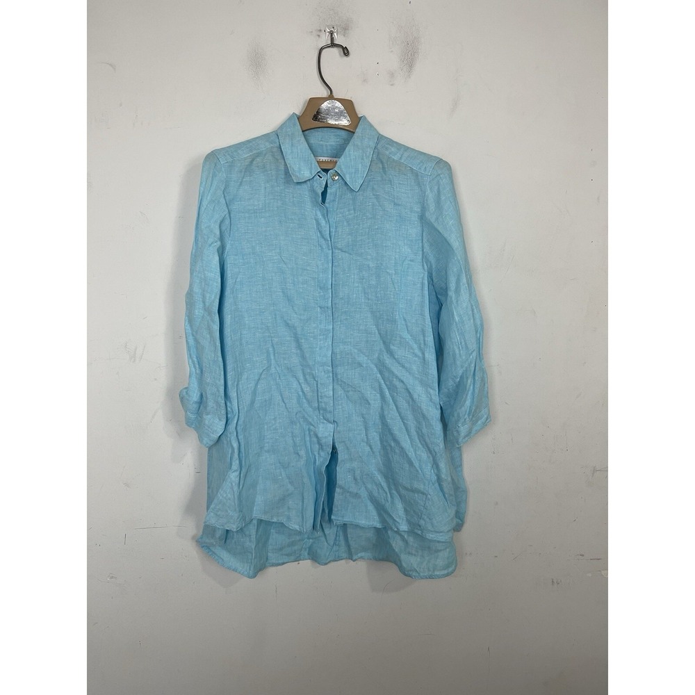 Foxcroft Womens Shirt 10 Blue Button Up 100%‎ Linen Beachy Resort Vacation